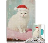 Puzzle per adulti e adolescenti con gatto bianco che indossa un cappello da Babbo Natale,1000 pezzi,giocattoli educativi per l'apprendimento,giochi per famiglie con poster abbinato e foglio di quiz