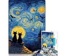 Puzzle per adulti e adolescenti con gatto nero nel cielo notturno, aiuta il cervello a esercitare i giocattoli avvincenti per coltivare la pazienza, ottimo regalo, 38x26cm