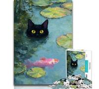 Puzzle per adulti e adolescenti con gatto nero nel lago, aiuta il cervello a esercitare i giocattoli avvincenti per coltivare la pazienza, ottimo regalo, 50x75cm