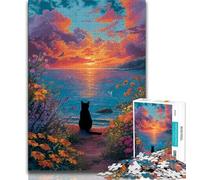 Puzzle per adulti e adolescenti con gatto nero sulla spiaggia, giocattoli, giochi educativi, antistress, adatti per la decorazione della scrivania, 38x26cm