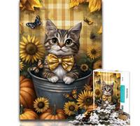Puzzle per adulti e adolescenti con gatto tra i girasoli, per ammazzare il tempo durante le vacanze, con pezzi completamente interconnessi e di forma casuale (38x26cm)