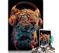 Puzzle per adulti e adolescenti Leopardo con le cuffie, gioco educativo per famiglie, decorazione da parete, regali unici per compleanno e Natale (38x26cm)