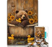 Puzzle per adulti e adolescenti Orso bruno nel water, sfida difficile antistress con poster abbinato e foglio di quiz (38x26cm)