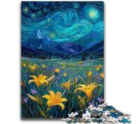Puzzle per adulti e adolescenti, puzzle con gigli gialli nel cielo notturno, antistress, sfida difficile con poster abbinato e foglio di quiz, 26x38cm
