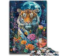 Puzzle per adulti e adolescenti Puzzle Tigre sotto la luna Antistress Sfida difficile con poster abbinato e foglio di quiz 26x38cm