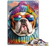 Puzzle per adulti e ragazzi, 1000 pezzi, Bulldog che ascolta musica, per 14+ anni, difficile da completare ma divertente e umoristico, regalo di compleanno, 50x75cm
