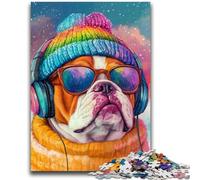 Puzzle per adulti e ragazzi, 1000 pezzi, Bulldog che ascolta musica, per 14+ anni, difficile da completare ma divertente e umoristico, regalo di compleanno, 38x26cm