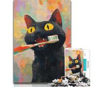Puzzle per adulti e ragazzi, 1000 pezzi, gatto nero che si lava i denti, giocattolo educativo antistress, ideale come regalo per tutta la famiglia, 38x26cm