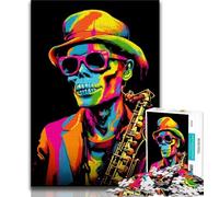 Puzzle per adulti e ragazzi con scheletro che suona il sassofono, 1000 pezzi, impegnativo da completare ma divertente e umoristico, con poster abbinato e foglio di quiz (75x50cm)