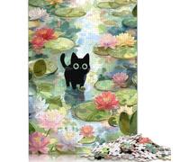 Puzzle per adulti Gatto nero nello stagno delle ninfee Puzzle per adulti Gioco educativo Sfida Giocattolo 38x26cm/1000 pezzi