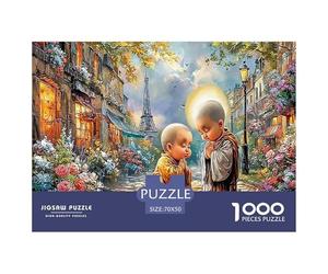 Puzzle per adulti impegnativi con scena di monaci parigini: due bambini vicino alla Torre Eiffel per adulti, adolescenti e anziani, ottimo regalo, 70x50 cm/1000 pezzi