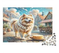 Puzzle per adulti Keeshond per la decompressione: cane soffice nella piazza del villaggio, gioco educativo, decorazione da parete 38x26 cm/1000 pezzi