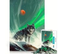 Puzzle per adulti "Lupo sotto l'aurora boreale e la luna rossa",1000 pezzi,gioco di abilità,taglio di precisione,sfida divertente per il tempo libero (50x75cm)