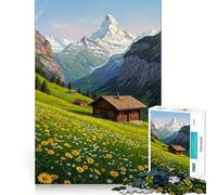 Puzzle per adulti "Prato alpino con chalet e montagne",1000 pezzi,gioco stimolante per la mente,taglio laser di alta qualità,rilassante attività di gruppo al chiuso (38x52cm)