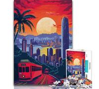 Puzzle per adulti raffigurante il tram che attraversa lo skyline di Hong Kong, difficili da completare ma divertenti e divertenti, regalo di compleanno, regali, decorazioni murali 75x50cm