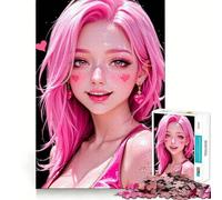 Puzzle per adulti "Ragazza dai capelli rosa con dettagli a forma di cuore", 1000 pezzi, rompicapo, rilassante, con schema di montaggio, oggetto ideale per i desideri di Babbo Natale (50x75cm)