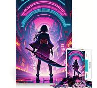 Puzzle per adulti "Ragazza samurai al neon con spada in un paesaggio urbano", 1000 pezzi, gioco di logica, antistress, taglio preciso, opera d'arte da collezione (50x75cm)