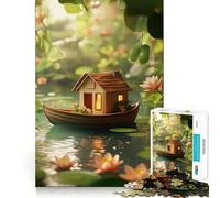 Puzzle per adulti "Tiny House Boat in A Pond" da 1000 pezzi, gioco intelligente e rilassante, con ritagli precisi e dettagli artistici da collezione 50x75cm