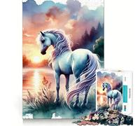 Puzzle per adulti "White Horse Sunset" da 1000 pezzi,gioco di logica e divertimento mentale con tecnologia di taglio laser avanzata,sfida divertente per ingannare il tempo (38x26cm)