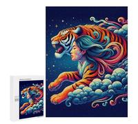 Puzzle Per Adulti500 PCS A Vibrant, Stylized Tiger with Flowing Mane And Body, Emerging from Clouds Against A Starr Puzzle Per Adulti Per Divertimento in Famiglia Attività Divertenti A Casa Gioco Stim