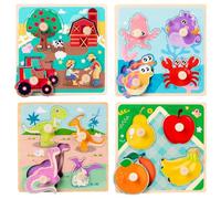 Puzzle per Bambini 2-3 Anni, Puzzle da 4 Pezzi per Bambini di 2 Anni, Fattoria, Dinosauri, Frutta e Creature Marine in Legno, Giocattolo Educativo Montessori per Piccoli