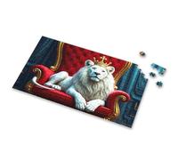 Puzzle per bambini dai 4 ai 6 anni, un maestoso leone bianco che indossa una corona d'oro si siede su un trono rosso ornato, puzzle board da 4 anni, regalo di compleanno (300 pezzi)