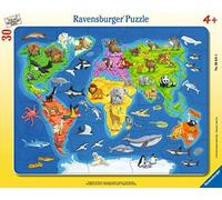 Puzzle per bambini Ravensburger, 06641, mappa del mondo con animali, puzzle a cornice per bambini dai 4 anni in su, con 30 pezzi