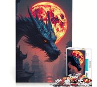 Puzzle per ragazzi 1000 Drago su città asiatica con luna rossa, gioco impossibile, attività per famiglie, ideale come regalo per tutta la famiglia 38x52cm