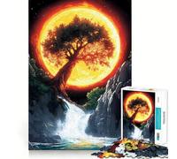 Puzzle per ragazzi 1000 pezzi Albero e cascata sotto una luna di fuoco Taglio preciso Divertimento Creativo Gioco per la mente Relax Divertimento Regalo di Natale Arte (38x26cm)