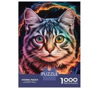 Puzzle Per Ragazzi 1000 Pezzi Colorful Cat Portrait with Abstract Background Puzzle Gioco Rompicapo Un'opera D'arte Regali Unici Per Compleanno E Natale 52x38cm/1000pcs