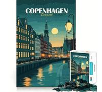 Puzzle per ragazzi 1000 pezzi Copenaghen,Danimarca Paesaggio urbano di notte Taglio preciso Gioco rompicapo Regalo Gioco rilassante Regalo di Natale artistico (50x75cm)