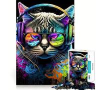 Puzzle per ragazzi 1000 pezzi Gatto Cuffie DJ Musica Taglio preciso Divertimento Creativo Gioco per la mente Relax Divertimento Regalo di Natale Arte (50x75cm)