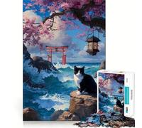 Puzzle per ragazzi 1000 pezzi Gatto in riva al mare con cancello Torii Taglio preciso Divertimento Creativo Gioco per la mente Relax Divertimento Regalo di Natale Arte (38x52cm)