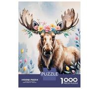 Puzzle Per Ragazzi 1000 Pezzi Moose with Floral Crown Watercolor Puzzle Per Adulti Gioco Pratico Sfida Difficile Ideale Come Regalo 52x38cm/1000pcs