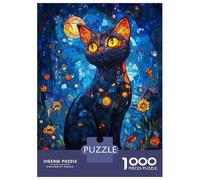 Puzzle Per Ragazzi 1000 Pezzi Stained Glass Black Cat with Flowers Puzzle Gioco Rompicapo Un'opera D'arte Regali Unici Per Compleanno E Natale 70x50cm/1000pcs
