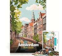 Puzzle per ragazzi da 1000 pezzi,Amsterdam,Paesi Bassi,canale,paesaggio urbano,illustrazione,giunzione liscia,divertente,attività per la mente,gioco rilassante,regalo di Natale per il tempo libero