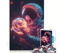 Puzzle per ragazzi da 1000 pezzi: astronauta che tiene in mano un pianeta in fiamme, gioco educativo, migliora la memoria, gioco stimolante, regalo 38x26cm