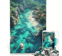 Puzzle per ragazzi da 1000 pezzi: Baia tropicale con barche e villaggio gioco interattivo ideale per passare il tempo durante le vacanze con poster e foglio di curiosità abbinati 38x26cm