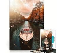 Puzzle per ragazzi da 1000 pezzi Barca sul canale di Amsterdam,Autunno,Decorazione con ritagli precisi,Giocattolo creativo e divertente,Gioco di pace,Gioco di Natale,Opera d'arte (38x26cm)