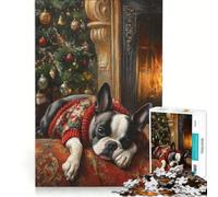 Puzzle per ragazzi da 1000 pezzi: Boston Terrier con maglione accanto al camino, gioco rilassante, analisi e logica, per migliorare l'amore tra le coppie 38x52cm