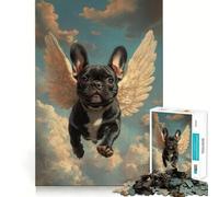 Puzzle per ragazzi da 1000 pezzi Bulldog francese nero con ali d'angelo | Omaggio alla perdita di un animale domestico,disegno dai bordi precisi,gioco di concentrazione,regalo,gioco rilassante,scena
