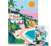 Puzzle per ragazzi da 1000 pezzi,California,casa sulla spiaggia spagnola,tramonto pastello,illustrazione artistica minimalista,bordi perfetti,divertente gioco di abilità mentale,gioco tranquillo