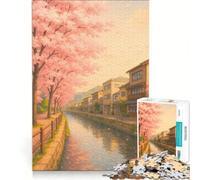 Puzzle per ragazzi da 1000 pezzi: Canale di ciliegi in fiore in una città giapponese, antistress, gara di velocità manuale, per rafforzare l'amore tra le coppie 38x26cm