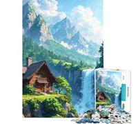Puzzle per ragazzi da 1000 pezzi: Casetta vicino a una cascata in un paesaggio montano ideale per compleanni e Natale Decorazione perfetta Gioco interattivo per ragazzi dai 14 anni in su (50x75cm)