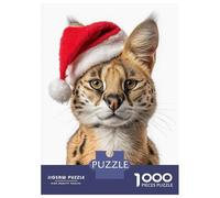 Puzzle Per Ragazzi Da 1000 Pezzi Christmas Serval Cat with Santa Hat Puzzle Giochi Rilassanti Difficili Divertenti Attività A Casa, 52x38cm/1000pcs