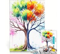 Puzzle per ragazzi da 1000 pezzi con albero ad acquerello e quattro stagioni, gioco interattivo, attività divertenti da fare a casa, con poster e foglio di curiosità abbinati 38x26cm