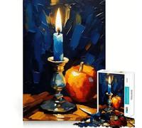 Puzzle per ragazzi da 1000 pezzi con candela blu e mela,natura morta,disegno dai bordi precisi,gioco di concentrazione,regalo,gioco rilassante,scena natalizia 38x52cm
