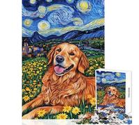 Puzzle per ragazzi da 1000 pezzi con cane dorato in un campo stellato Puzzle per adulti giocattolo decorativo da parete attività divertenti di analisi e logica da fare a casa (dimensioni 38x26cm)
