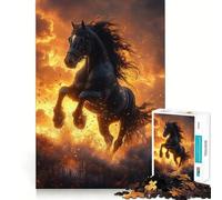 Puzzle per ragazzi da 1000 pezzi con cavallo nero e tramonto infuocato,incastro perfetto,gioco creativo,ideale per il tempo libero e come regalo di Natale 38x52cm