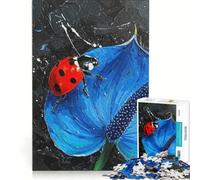 Puzzle per ragazzi da 1000 pezzi con coccinella su un dipinto di anthurium blu giocattolo educativo migliora la memoria con poster abbinato e foglio di curiosità 38x26cm